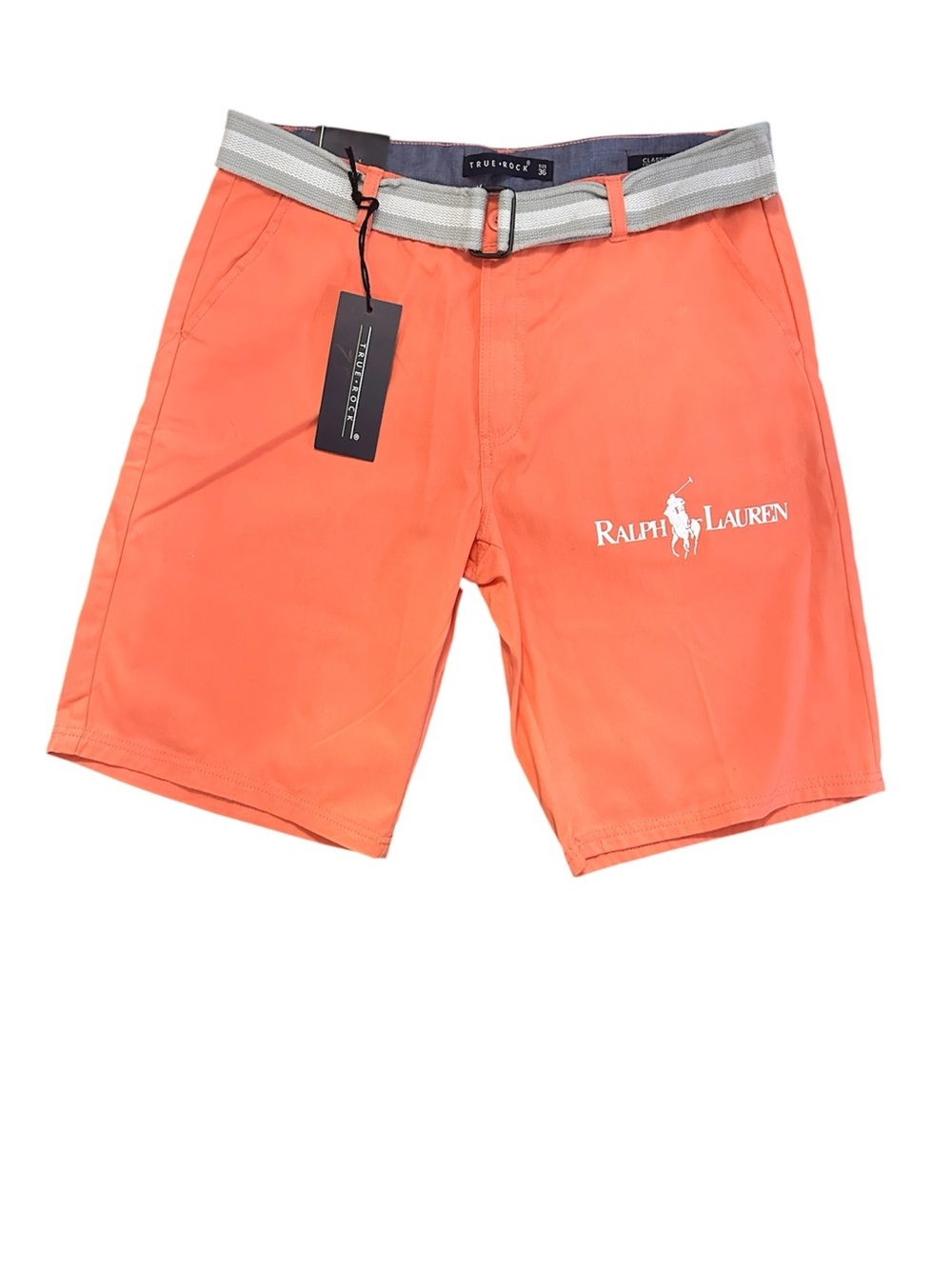 "True Rock coral shorts with Ralph Lauren-style logo graphic" size 38